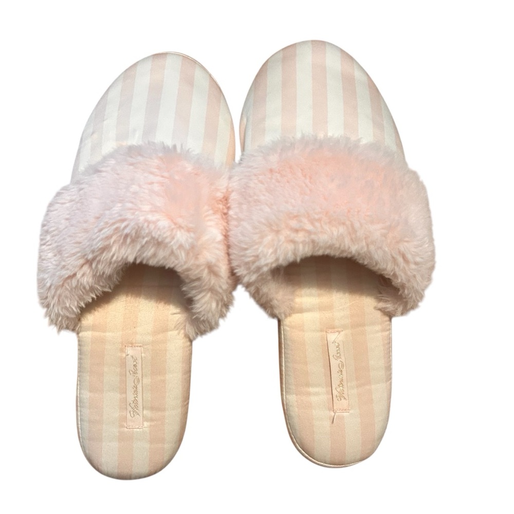 VICTORIA'S SECRET WOMEN'S SIGNATURE SATIN SLIPPERS WHITE PINK STRIPED Medium